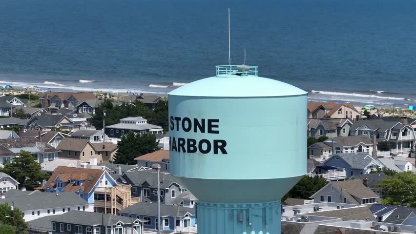 Stone harbor water tower in city with beach houses and waves of Atlantic Ocean. New Jersey state in summer. Aerial orbit shot.