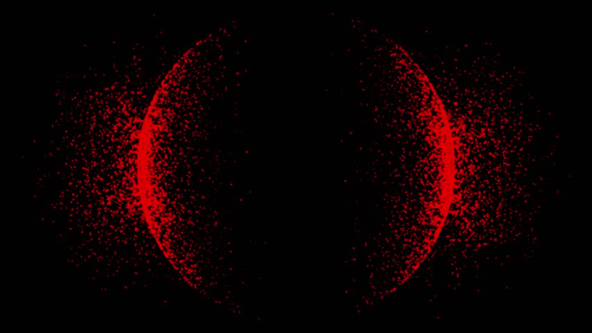 Abstract red particle sphere on black background. Glowing digital particles form an evolving circular shape, ideal for overlays, intros, or futuristic concepts. Seamless loop