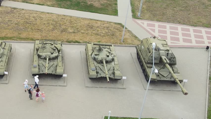 Russian and Soviet military tanks at Prokhorovka town in Belgorod, Russia, famous site of the WWII Kursk battle, highlighting historic military heritage (public space).
