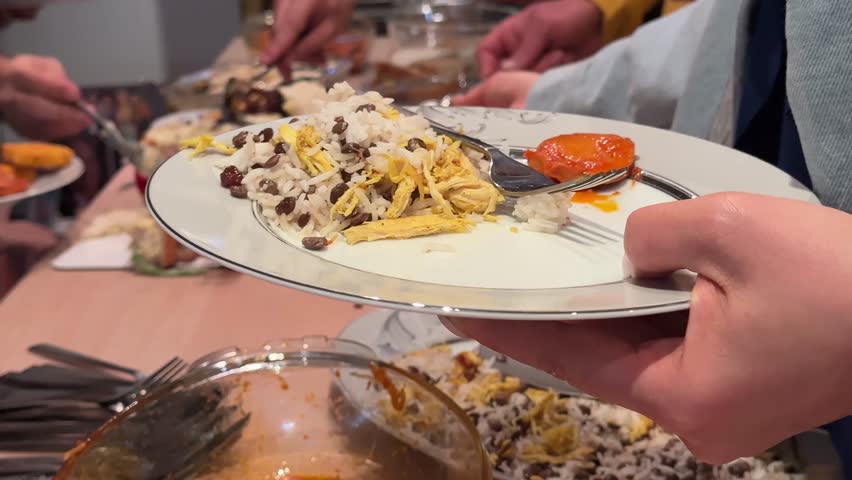 Steamed rice in Chinese dish party serving roasted garlic eggplant dip Kashke Bademjan Persian food grilled slices homemade feast for buffet indoor dining healthy meal family gathering ceremony