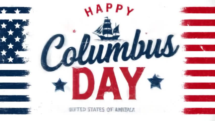 A patriotic columbus day image featuring the american flag, a sailing ship, stars, and the text happy columbus day united states of america.