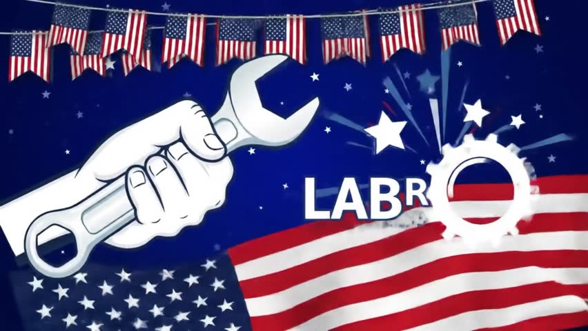 A festive labor day scene with a wrench, american flags, and starbursts against a blue backdrop. Perfect for celebrating workers and national pride!