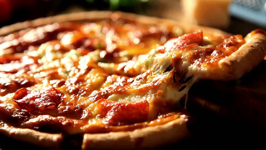 Hands Taking Slices Of Pizza. Hands taking pizza slices from wooden plate Meal time at pizzeria, man taking a slice of the pizza shot depth of field
