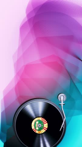 Stylized animation frame of a spinning vinyl record on a turntable, featuring retro-inspired colors and a nostalgic atmosphere. Ideal for concepts related to vintage music, analog sound.	