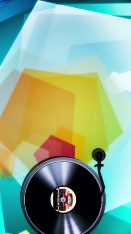 Stylized animation frame of a spinning vinyl record on a turntable, featuring retro-inspired colors and a nostalgic atmosphere. Ideal for concepts related to vintage music, analog sound.	