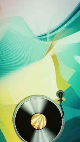 Stylized animation frame of a spinning vinyl record on a turntable, featuring retro-inspired colors and a nostalgic atmosphere. Ideal for concepts related to vintage music, analog sound.	