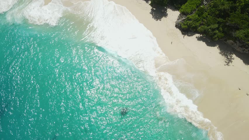 Aerial View of Breathtaking White Sand of Tropical Beach, Turquoise Sea and Rainforest on Cliffs