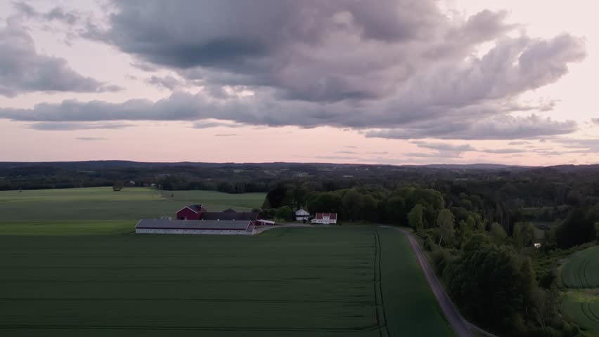 Aerial View of a Farm in the Rural Countryside near Oslo, Norway