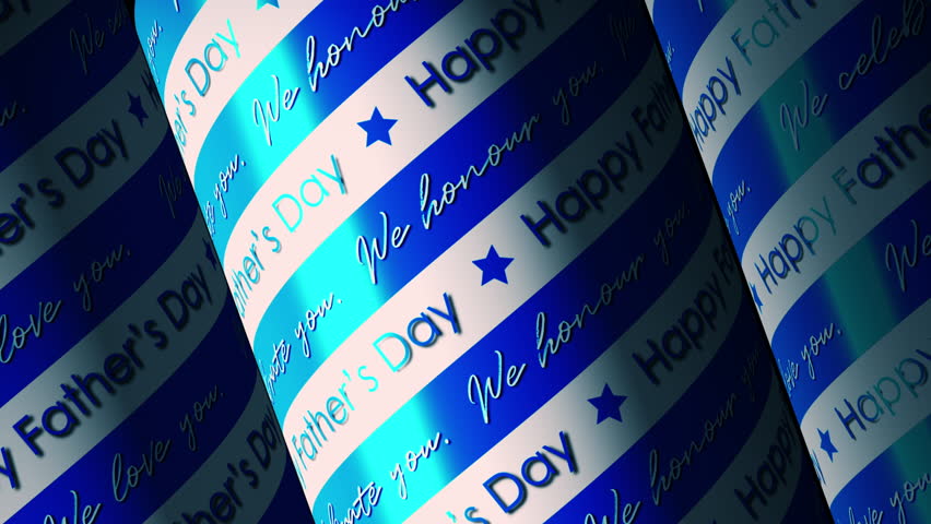 Happy Father Day text 3D on blue white paper tube pattern title abstract background. 4K 3D Happy Father Day text animation for title, intro, transition, background.