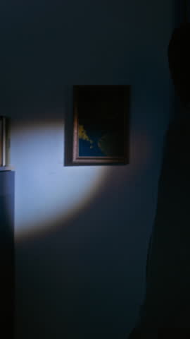 Vertical shot of thief in black clothes and mask looking at picture on wall, opening book and shaking it trying to find money