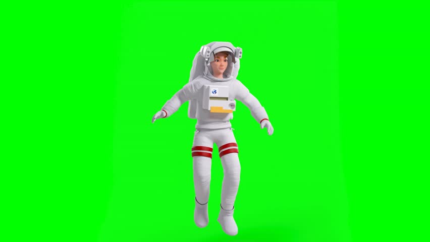 3D Animated Female Astronaut Character in White Space Suit With Red Stripes Floating on Green Background Waving and Looking at Hands Smiling.