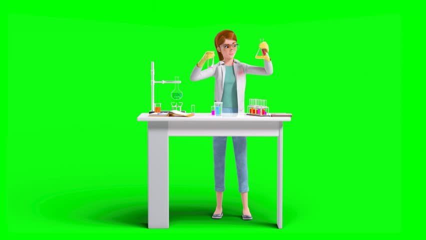 3D Animated Female Scientist in White Lab Coat Conducting Experiments Using Test Tubes and Flasks Filled With Different Colored Liquids Standing on Green Background. - Powered by Shutterstock - Get 15% off with code: PIKWIZARD15