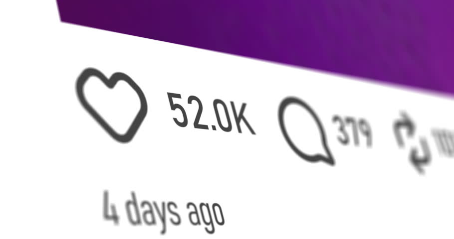 Reacting on post in social network app on smartphone screen, counter animation of likes, comments and reposts icons, footage
