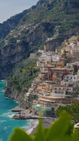 Positano Spiaggia beach. Large beach with town views, restaurants. Amalfi coast, Italy