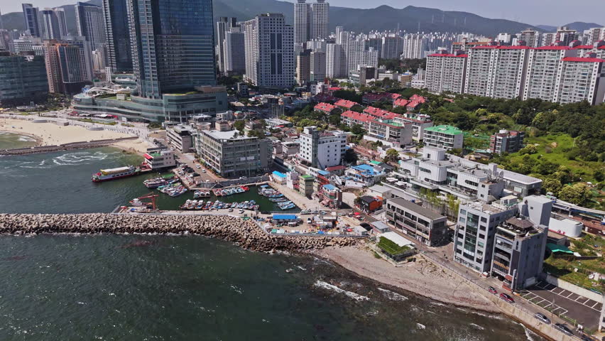 Aerial view of the Mipo Harbor and buildings in Haeundae, Busan, South Korea