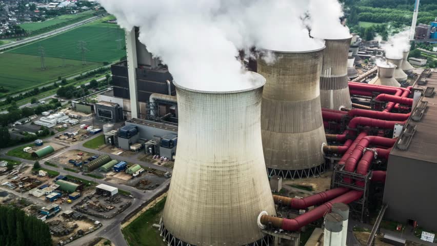 Coal Fossil Fuel Power Plant Smokestacks air pollution factory smoke stacks. industrial factory pollution coal burning power plant