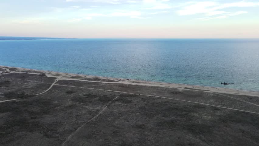 Aerial landscape of wrecked boat Mediterranean Sea view from shipwreck near Thessaloniki Greece