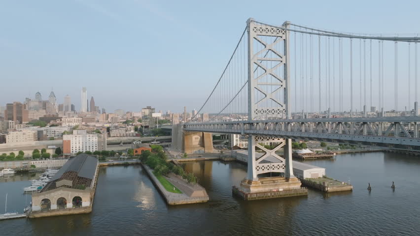 Aerial view of Philadelphia and the Ben Franklin Bridge. Shot at sunrise on a summer morning.