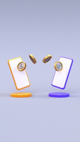 Euro coins transfer between two mobile phones social media looping video, wireless sending and receiving money. Online banking payment app, electronic money concept in 3D animation