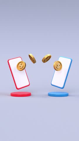 USD dollar coins transfer between two mobile phones social media looping video, wireless sending and receiving money. Online banking payment app, electronic money concept in 3D animation