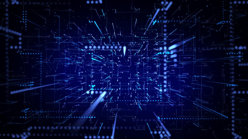 Abstract 3D digital tunnel with glowing blue lines, numbers, and particle effects converging to a central point on a dark background. Ideal for representing big data processing - Powered by Shutterstock - Get 15% off with code: PIKWIZARD15