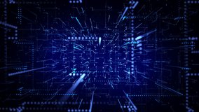 Abstract 3D digital tunnel with glowing blue lines, numbers, and particle effects converging to a central point on a dark background. Ideal for representing big data processing - Powered by Shutterstock - Get 15% off with code: PIKWIZARD15