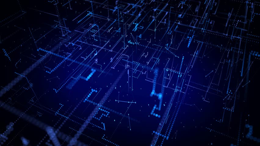 Abstract 3D digital with glowing blue lines, numbers, and particle effects converging to a central point on a dark background. Ideal for representing big data processing, AI networks, cyber security. - Powered by Shutterstock - Get 15% off with code: PIKWIZARD15