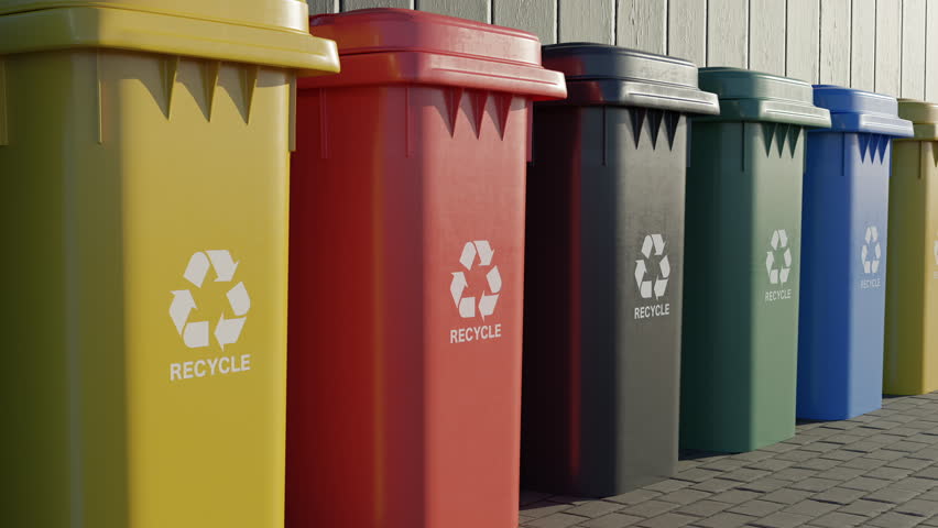 Row of colorful recycling bins for waste separation, eco-friendly waste management concept. Perfect seamless animation for environmental and sustainability projects.