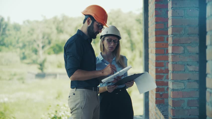Engineers At Construction Site. Two Architects Discussing Project Plans. Professional Teamwork On Building Project. Wearing Hard Hats And Looking At Blueprints. Real Estate Development. Civil Engineer - Powered by Shutterstock - Get 15% off with code: PIKWIZARD15