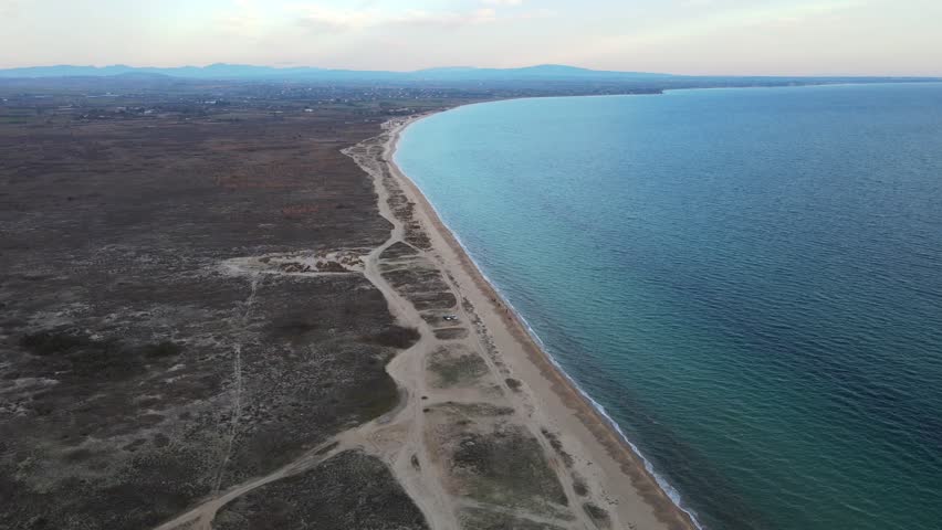 Aerial landscape of wrecked boat Mediterranean Sea view from shipwreck near Thessaloniki Greece