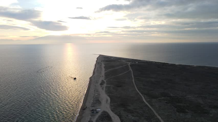 Aerial landscape of wrecked boat Mediterranean Sea view from shipwreck near Thessaloniki Greece