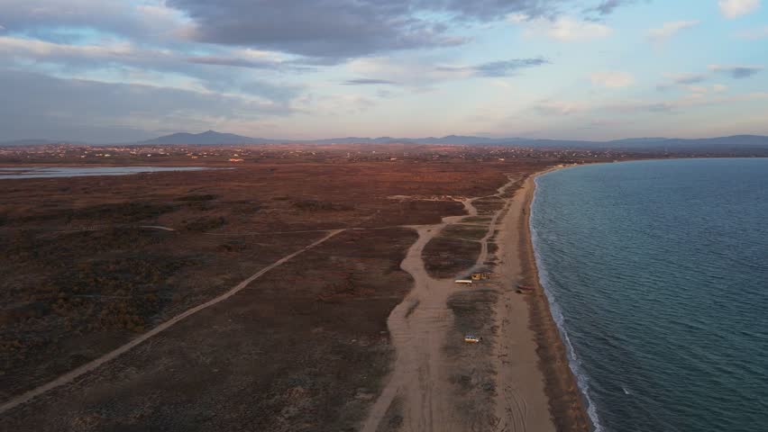 Aerial landscape of wrecked boat Mediterranean Sea view from shipwreck near Thessaloniki Greece
