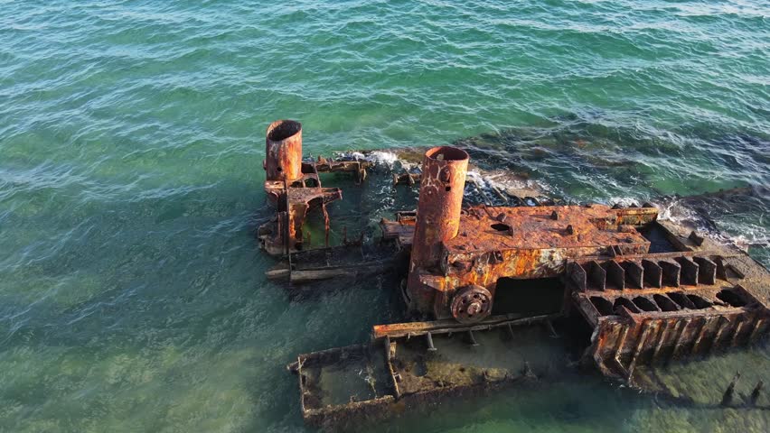 Aerial landscape of wrecked boat Mediterranean Sea view from shipwreck near Thessaloniki Greece