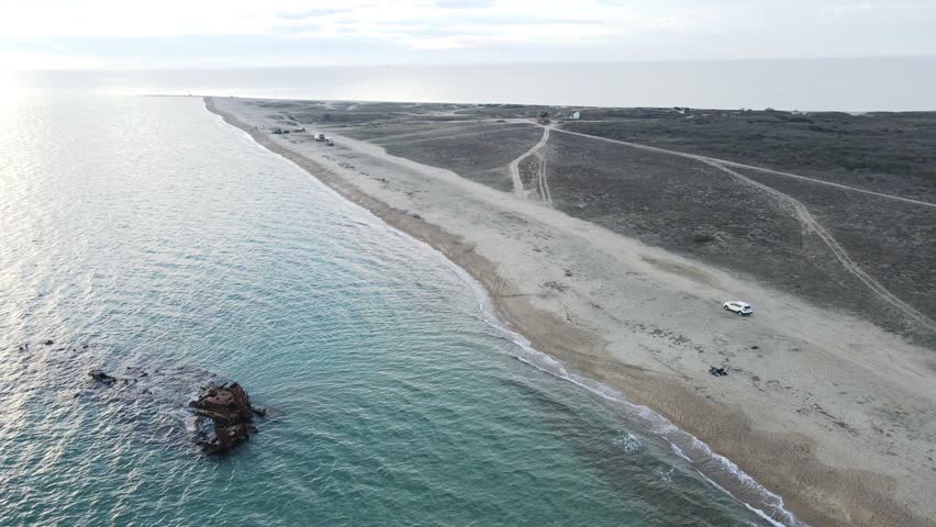 Aerial landscape of wrecked boat Mediterranean Sea view from shipwreck near Thessaloniki Greece
