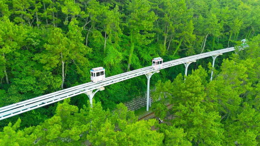 Aerial view of two monorail cars on an elevated track, moving through a green forest at Haeundae Blueline Park, Busan, Korea.