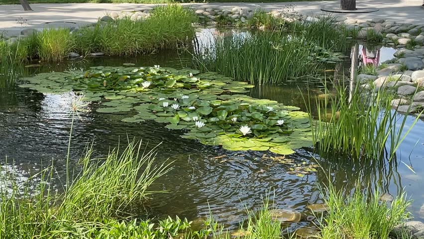 Lily pads with white flowers in tranquil pond surrounded by lush greenery and rocks video