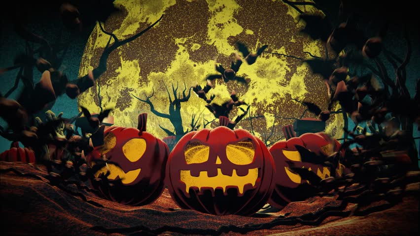 3D animation of spooky Halloween night animation featuring three carved pumpkins with glowing faces in the foreground, eerie twisted trees, a full yellow moon, and flying bats
