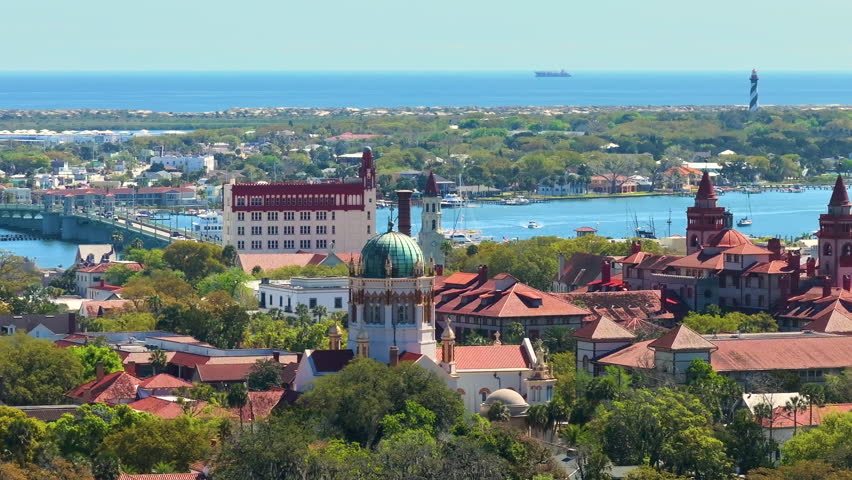 Aerial view of Memorial Presbyterian Church in St. Augustine, old city in Florida. American architecture.