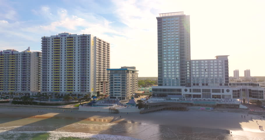 Coastal architecture in Daytona Beach, Florida. Luxury hotels and condos line the beach in this famous southern American travel destination.