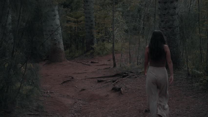 Woman walking alone through forest surrounded by pine trees at sunset in Hawaii