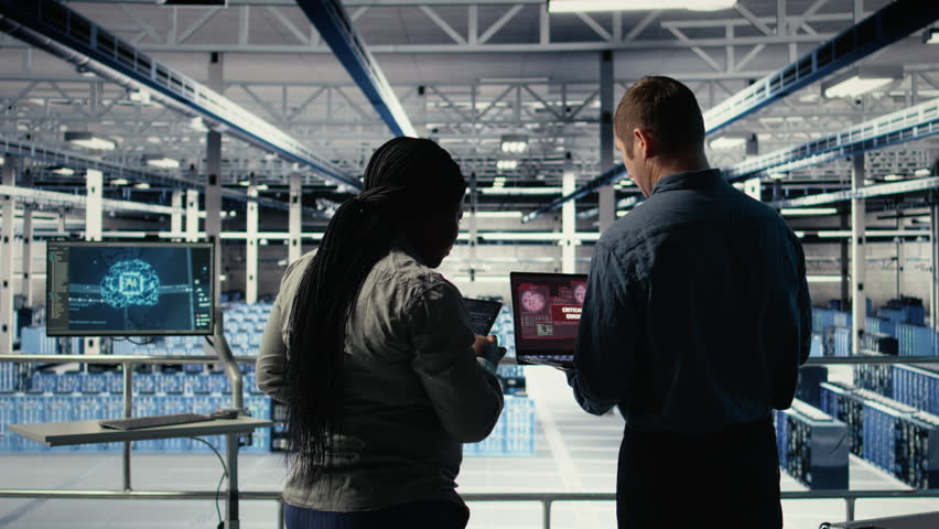 Team of server room technicians alerted by warning message on laptop causing infrastructure slowdowns. Teamworking data center colleagues see malfunction popup caused by software errors, camera A - Powered by Shutterstock - Get 15% off with code: PIKWIZARD15