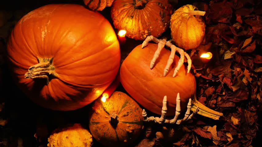 Festive Halloween Pumpkin with Skeleton Hand.Halloween creepy atmosphere. Pumpkin in skeletal hands by candlelight in autumn foliage. Festive Autumn Fear Decorations. 4k footage