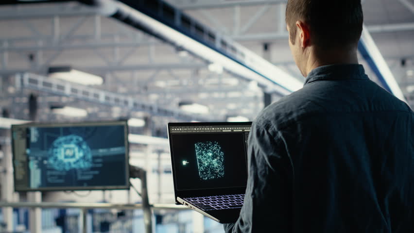 Data center admin using AI LLM chatbot suggestions to improve rigs processing speed and efficiency. Server hub worker using large language model to support artificial intelligence workloads, camera B