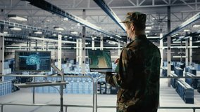 Military engineer in data center tracking satellite coordinates using laptop interface. Soldier in server room analyzing reconnaissance data through satellite imaging systems, camera A - Powered by Shutterstock - Get 15% off with code: PIKWIZARD15