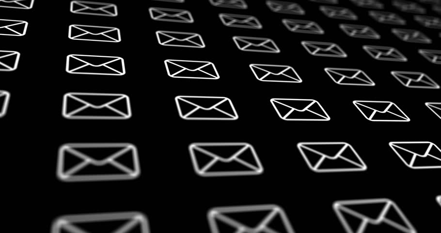 Scrolling design of many emails scrolling from top to bottom with a white icon on a black background