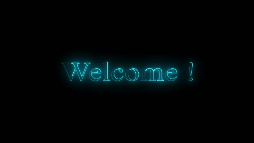 Welcome neon title with glowing backlight. Night bright rainbow spectrum advertising signboard. Fluorescent shiny light invitation luminous handwritten line swashes text banner,