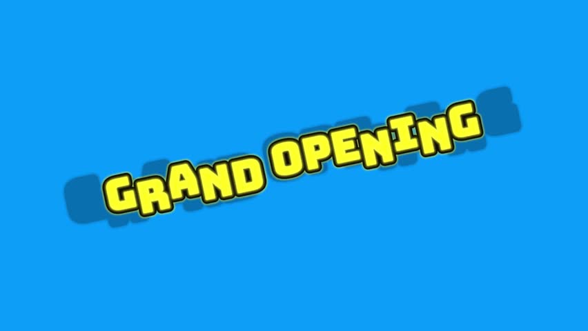 animation Grand opening event announcement design with yellow text outlined in blue. Perfect for banners, flyers, invitations, advertisements, and social media.	
