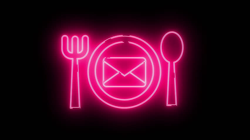 plate, fork, spoon and message icons with neon effect