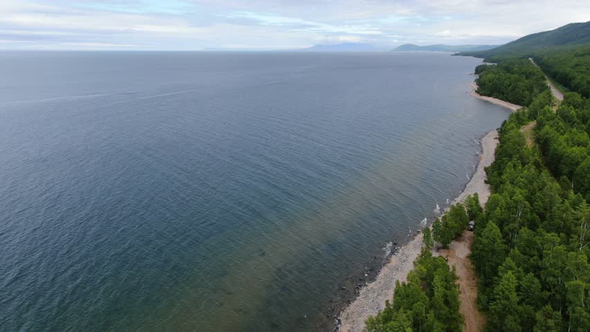 Aerial view of coastline of Lake Baikal in Buryatia, Russia