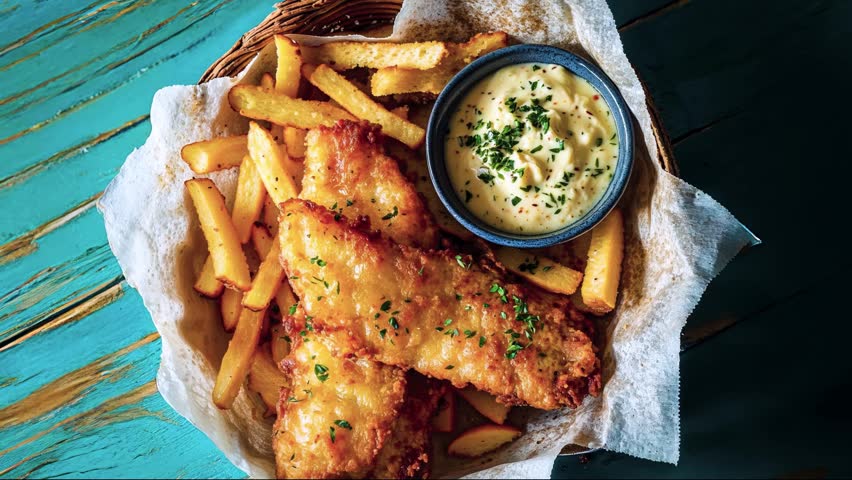 Close up video of crispy golden fried fish fillets served with French fries and creamy tartar sauce in a rustic basket on a turquoise wooden table, perfect for seafood restaurant promotions, cooking